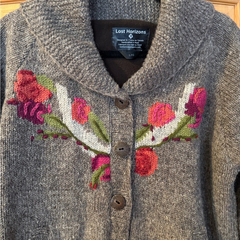Lost Horizons - Sundance catalog Women's Gray Cardigan with Floral Accents - Picture 2 of 5